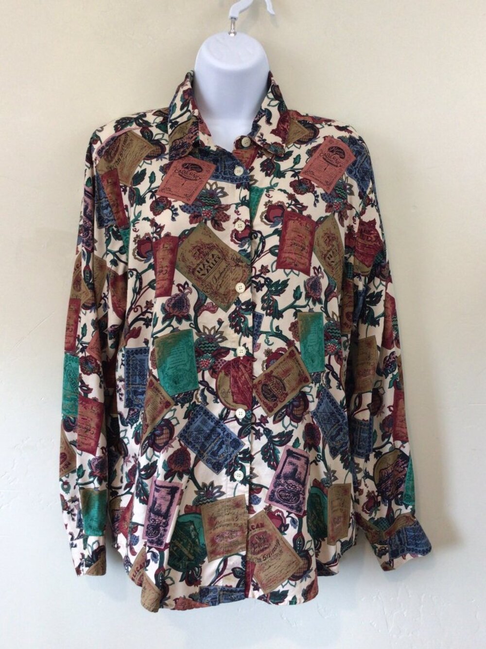 Vintage Wine Label Print Long Sleeve Button Down Shirt